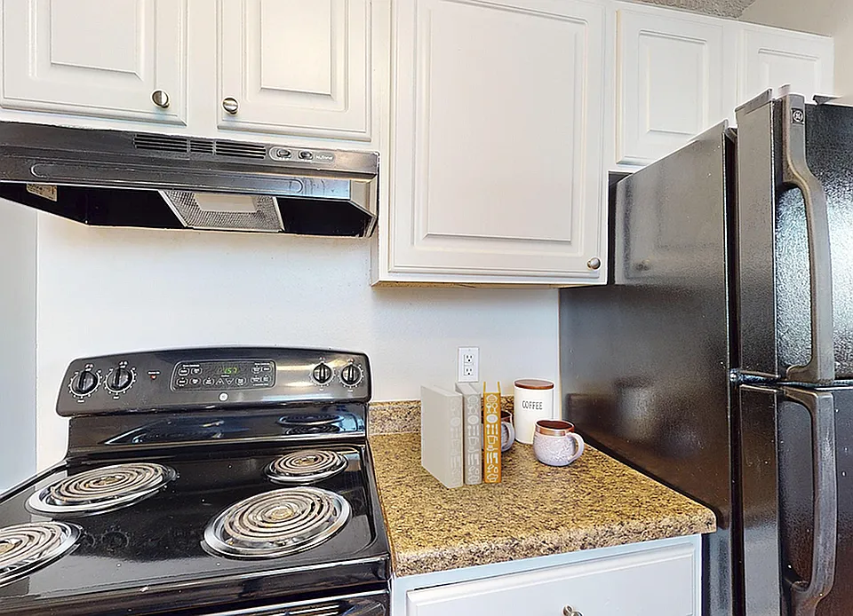 Sleek kitchen with modern black appliances, elegant white cabinets, and stylish granite countertops for a sophisticated touch.