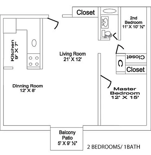 Floor plan 2 Bed, 1 Bath