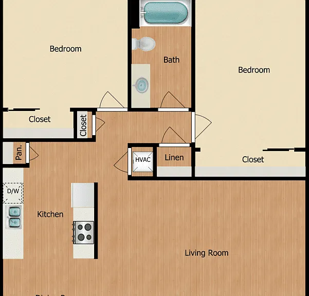 2 Bed 1 Bath Floorplan Diagram