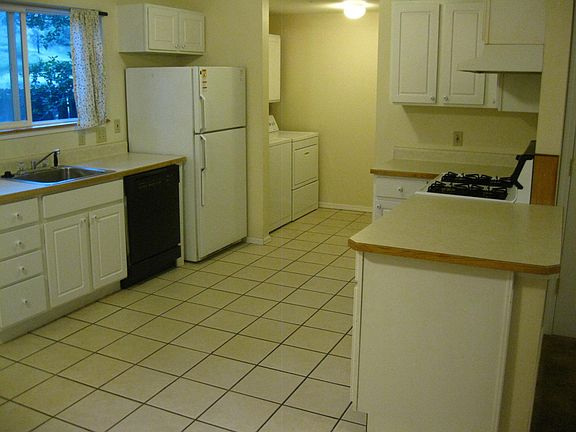 In the back area you can see the washing machine and dryer. On the right is the stove.