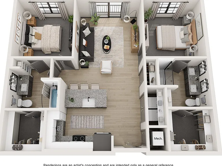 Explore the sleek design of this spacious apartment with two bedrooms and an inviting living space. Explore the sleek design of this spacious apartment with two bedrooms and an inviting living space.