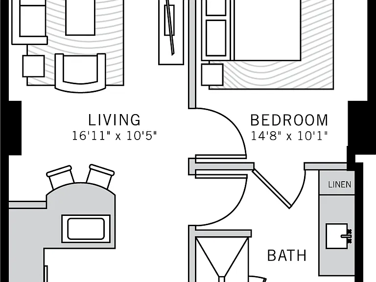1 bedroom 1 bath apartment with dining area, walk in closet, patio and 664 sq ft