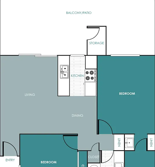 2 Bed 1 Bath A Floorplan Diagram