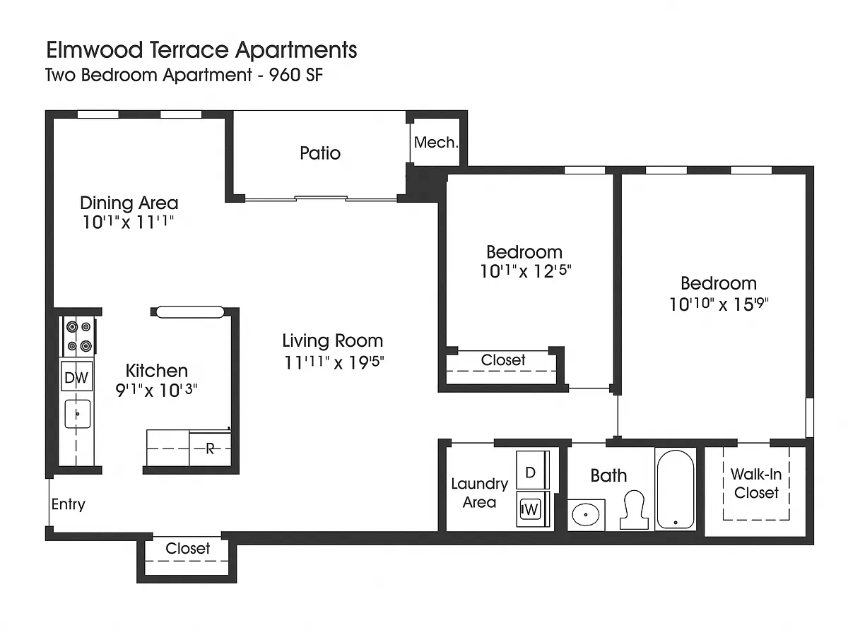 Floor plan 2BR 1BA (960sf)