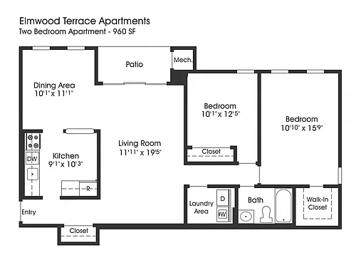 Floor plan 2BR 1BA (960sf)