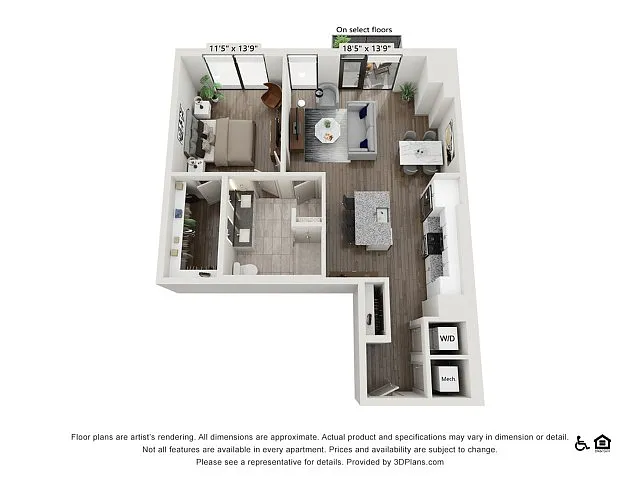 Floor plan One Bedroom One Bath (927 SF)