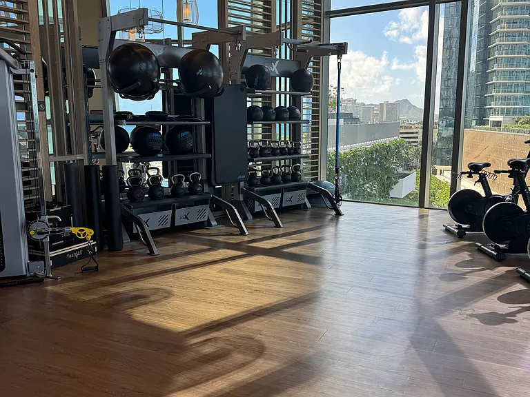 small view of large work out room, has multiple cardiovascular machines and free weights