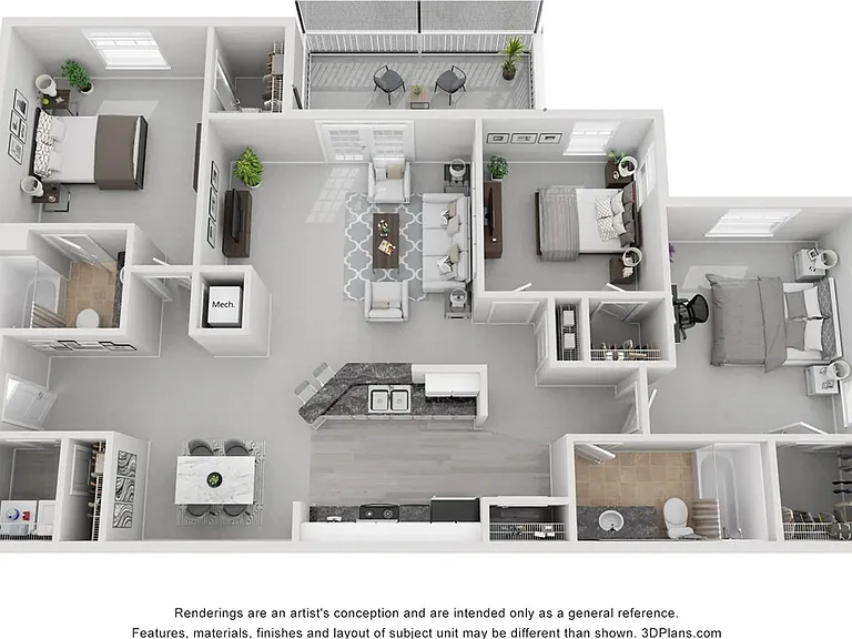 A 3D floor plan layout of our 3x2 floor plan, The Dakota.