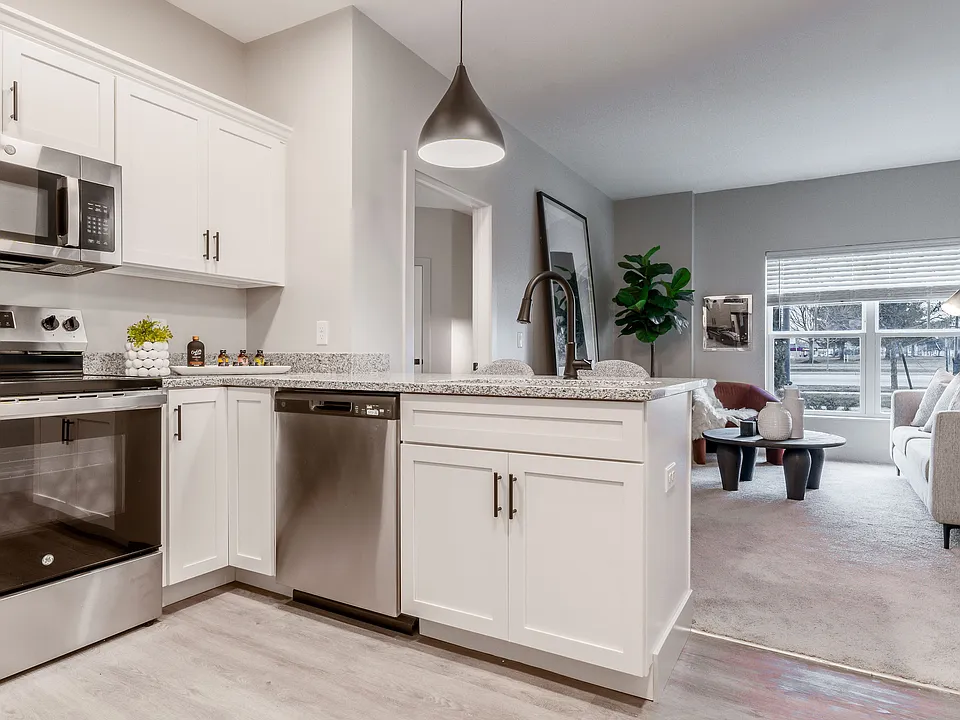 Experience the elegance of modern living with this open-plan kitchen and inviting living space.