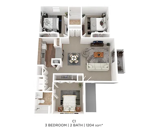 Floor plan Three Bed Two Bath 1204 Sqft