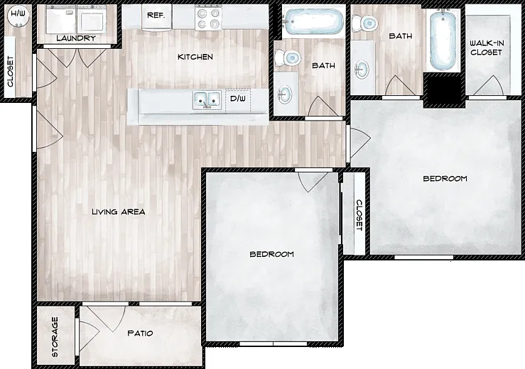 2 Bed 2 Bath Floorplan Diagram
