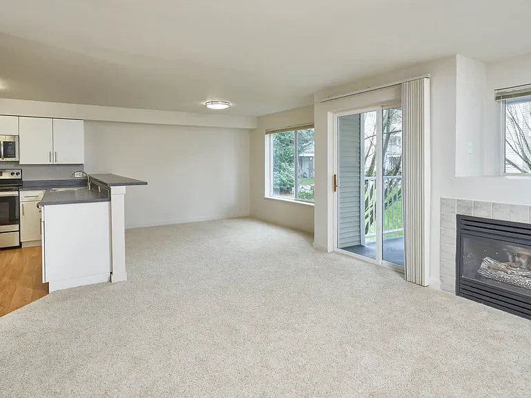 Carpeted Living Room with Fireplace and Balcony