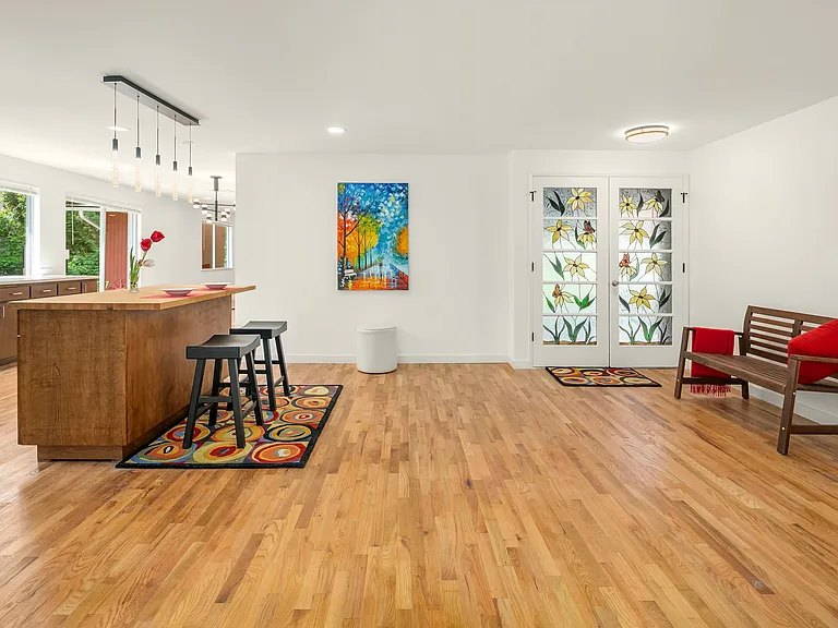 Beautiful stained glass door welcomes you.