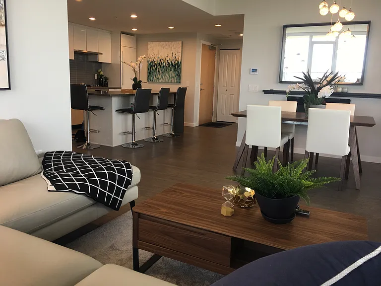 View of kitchen and dining area from the living room.