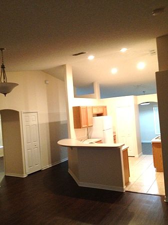 Great room and kitchen with vaulted ceilings