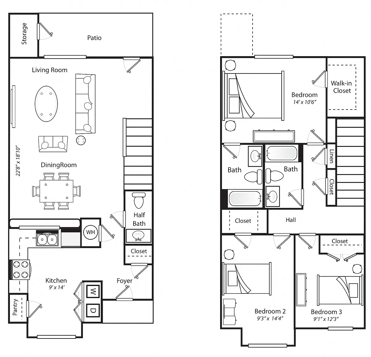 Floor plan Three Bedroom Two and a Half Bathroom (Phase I)