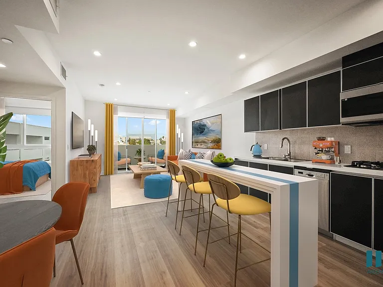 Kitchen, Dining, Living Room, and Patio with Natural Light - Apple Floor Plan