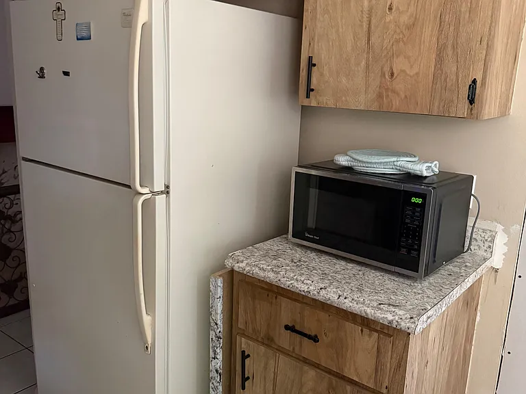 Kitchen area with full-size refrigerator, microwave station, and ample wood cabinetry with laminate countertops.