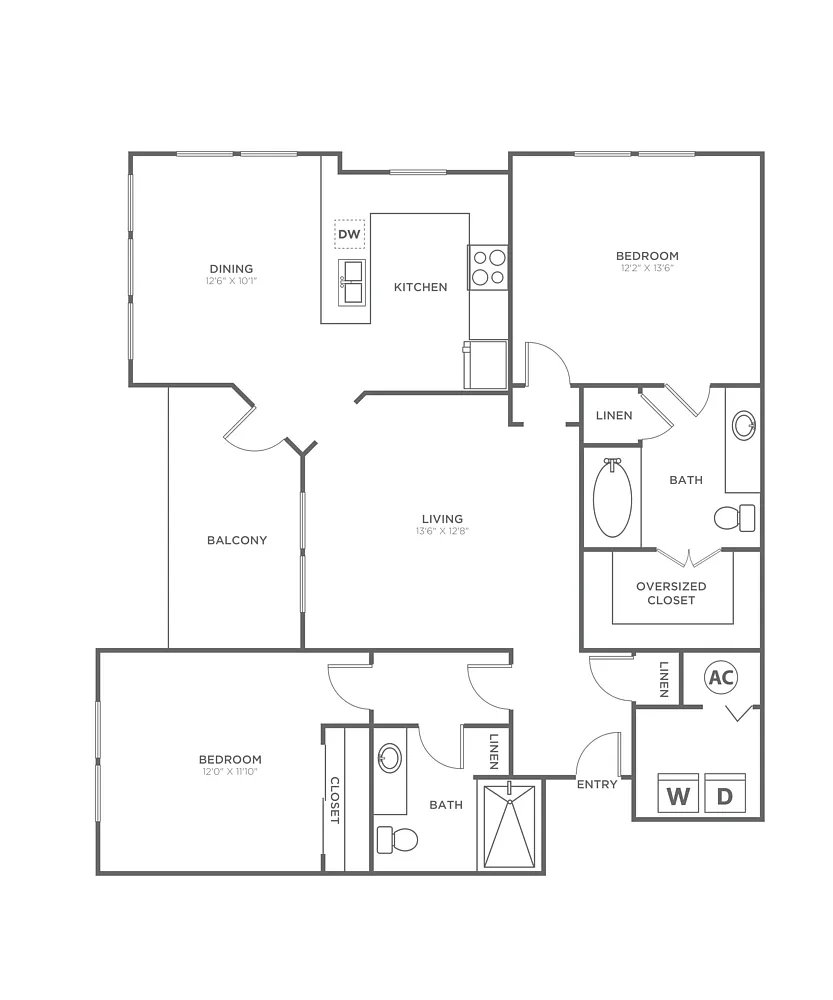 Floor plan Two Bedroom Two Bath (1122 SF)