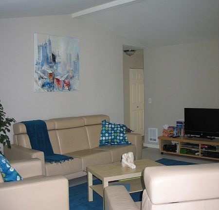 View of open living room with vaulted ceiling.