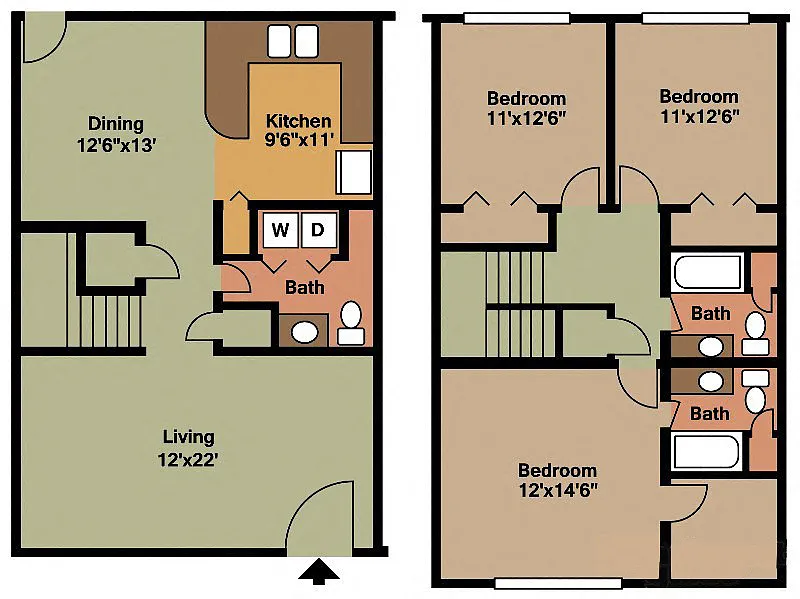 Floor plan Three Bedroom 2 .5 Bath TH
