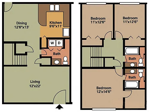 Floor plan Three Bedroom 2 .5 Bath TH
