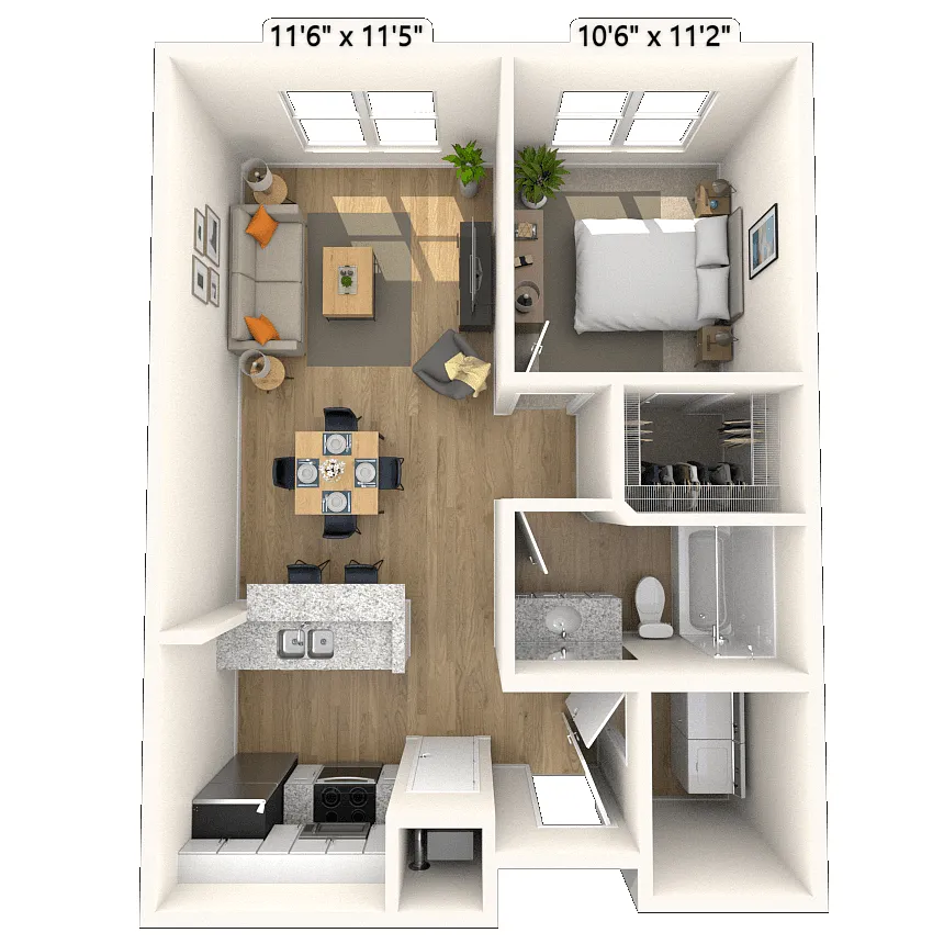 Floor plan Traditional 1x1 676 SF