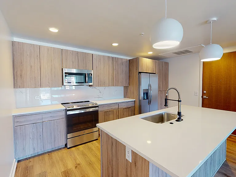 Apartment kitchen with stainless steel appliances, quartz countertops and wood-style flooring.