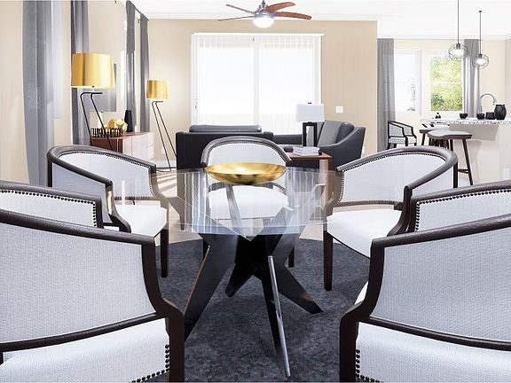 Situated within the home s free-flowing design is a charming dining room, ready for meals of any occ