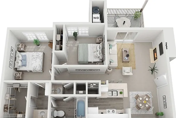 Two Bedroom Two Bathroom, 892 sqft, Stackable Washer/Dryer Connections, Fireplace in Selected Units Two Bedroom Two Bathroom, 892 sqft, Stackable Washer/Dryer Connections, Fireplace in Selected Units