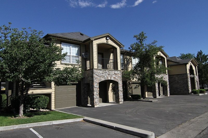 Outside shot of buildings, garage included