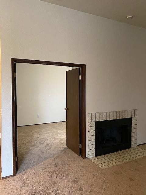 Living Room fireplace, and entry to Den.