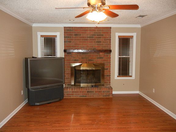 Den with woodburning fireplace