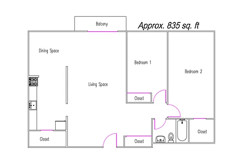 Floor plan 2 Bedroom, 1 Bath B