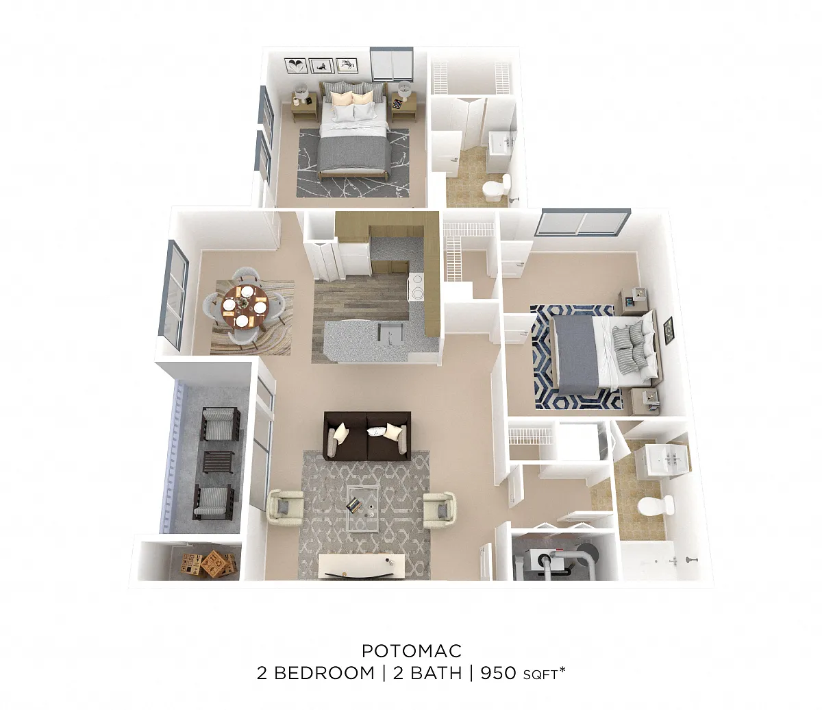 Floor plan Two Bedroom 2 Bath - 950 sqft