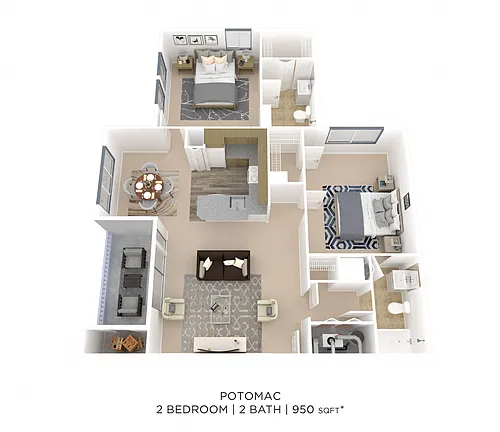 Floor plan Two Bedroom 2 Bath - 950 sqft