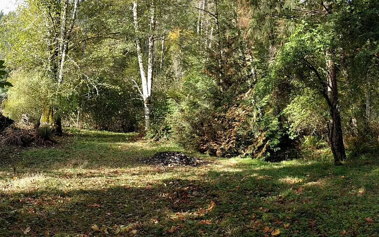Panoramic view looking from parking area towards creek showing tool shed in the foreground and street to the left.