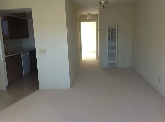 Kitchen and living room and hallway to bedroom