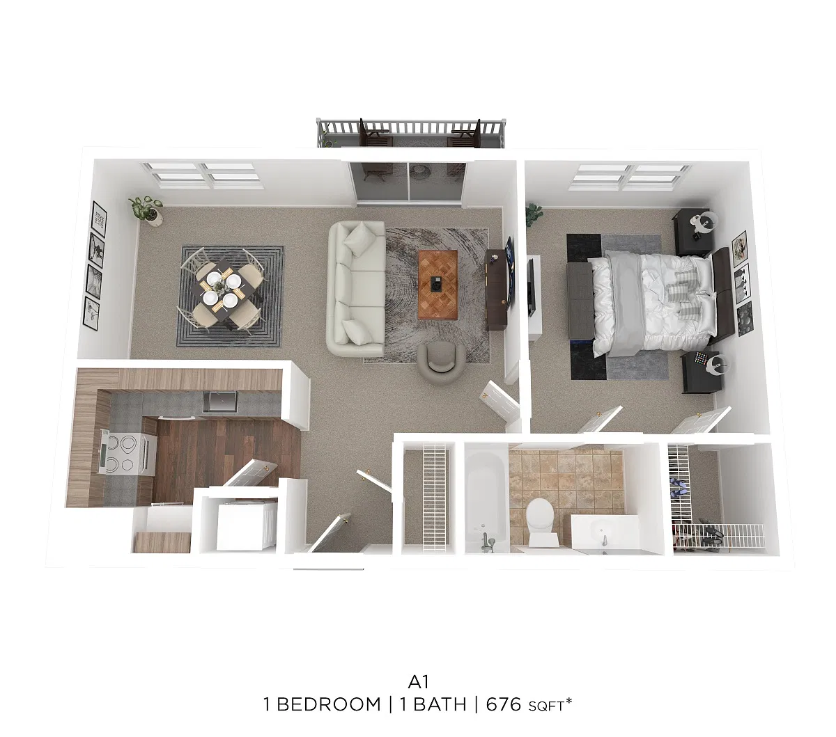 Floor plan One Bed One Bath 676 Sqft