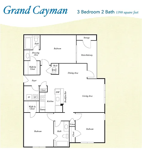 Floor plan C1 - Grand Cayman - Three Bedroom, Two Bathroom