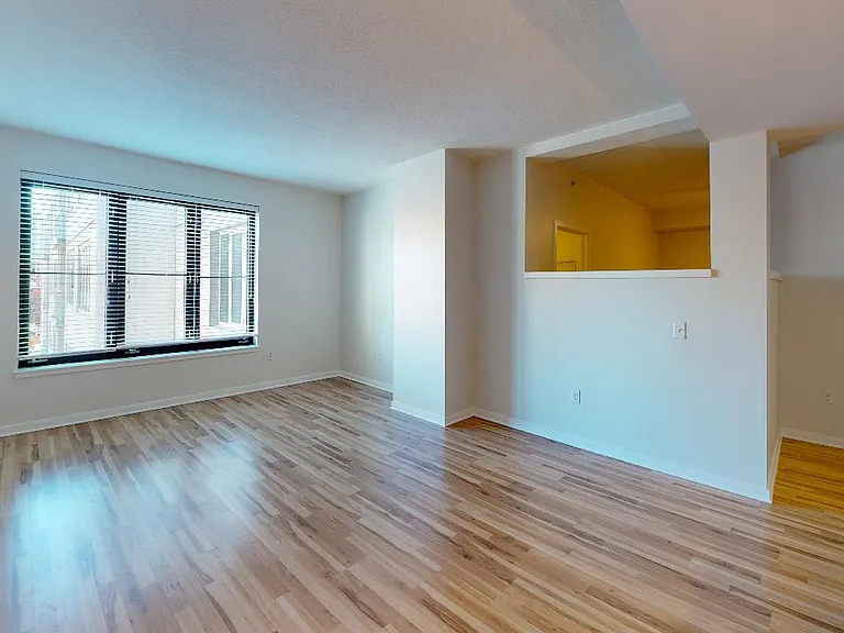 Apartment living room with wood-style flooring.