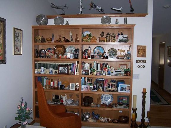 Built in oak shelving in the living room.