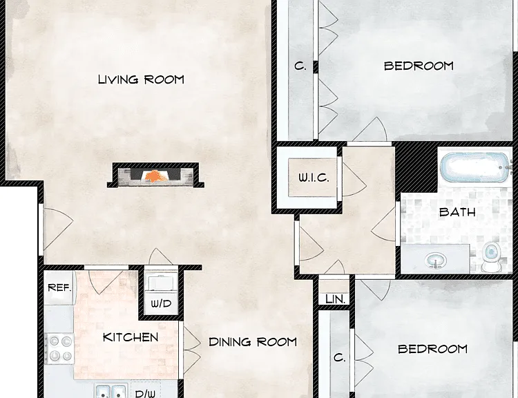 2 Bed 1 Bath H Floorplan Diagram