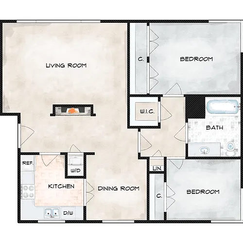 Floor plan 2 Bed 1 Bath H