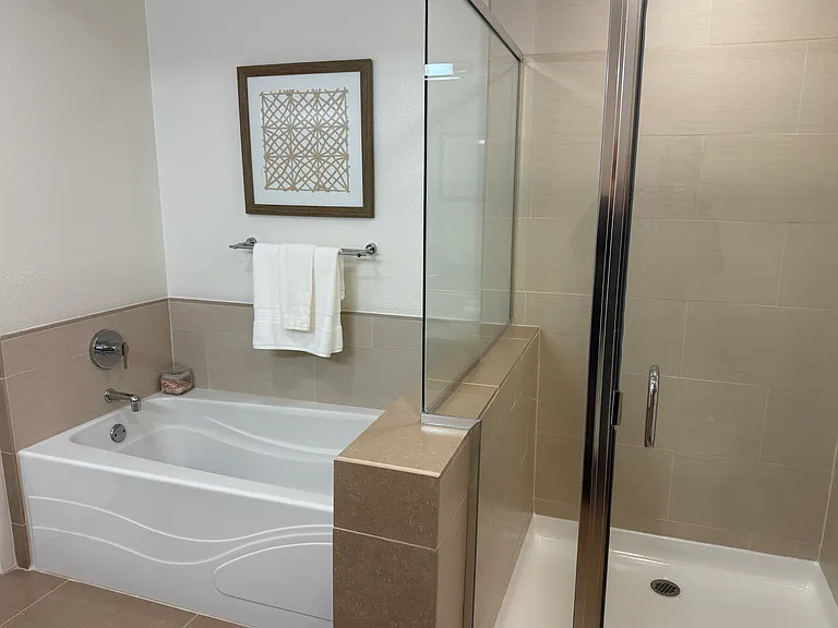 A spacious and elegant master bathroom featuring both a shower and a soaking tub.