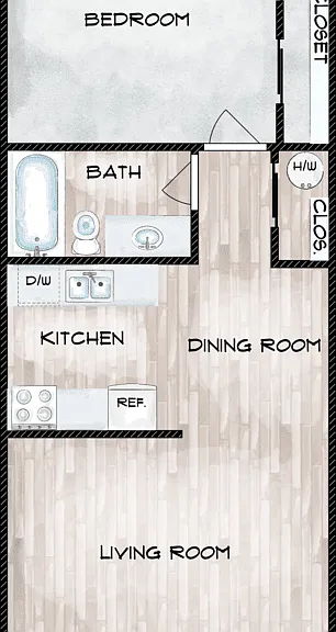 1 Bed 1 Bath Large Floorplan Diagram