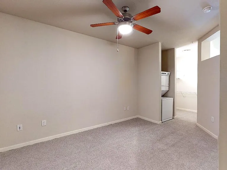 Spacious apartment bedroom with plush carpet flooring.