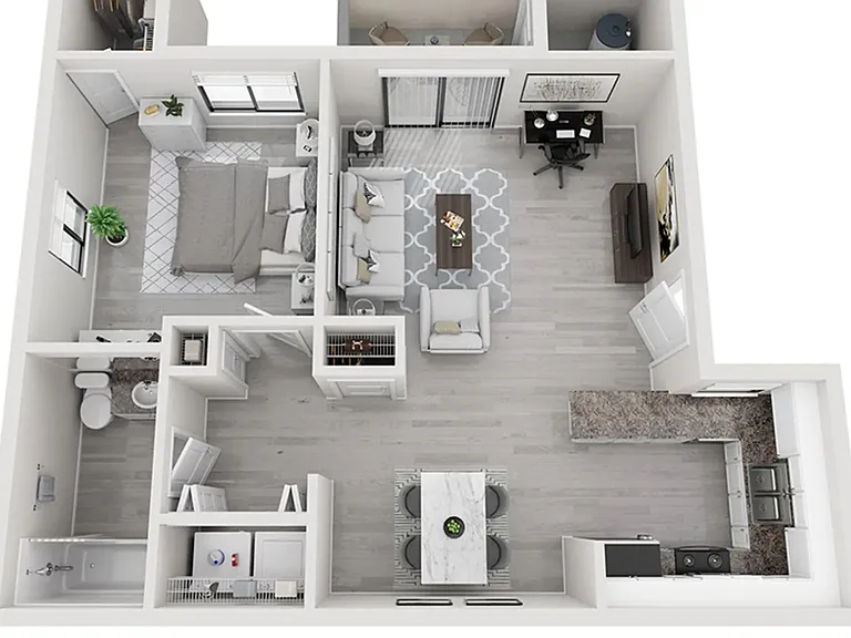 A 3D floor plan rendering of The Capri