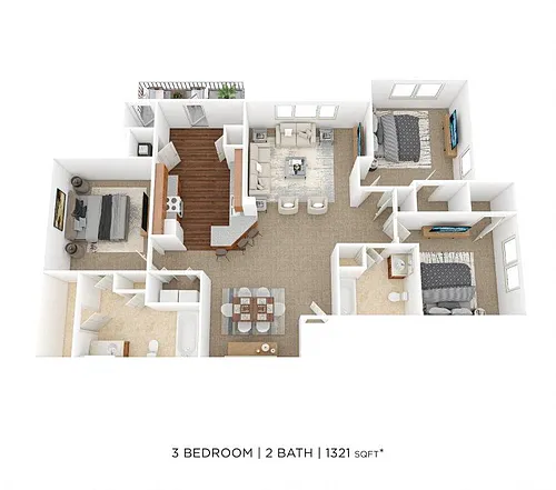 Floor plan Three Bedroom 2 Bath- 1,321 sqft