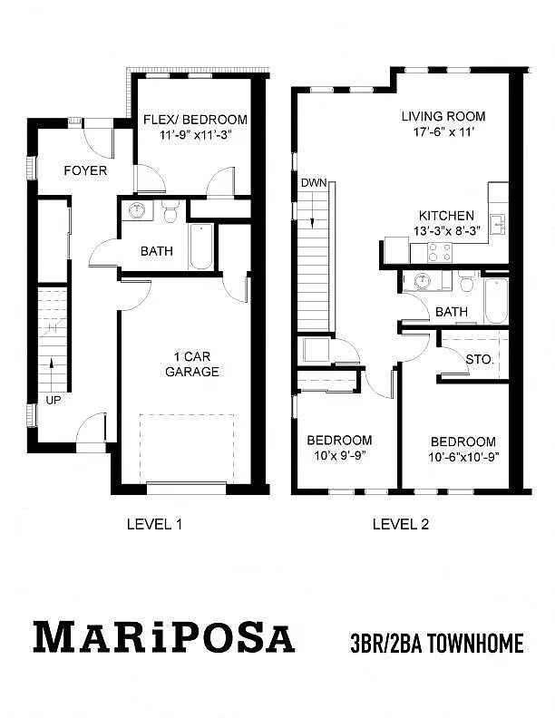 Floor plan The Mariposa | 3 Bedroom 2 Bath Townhome
